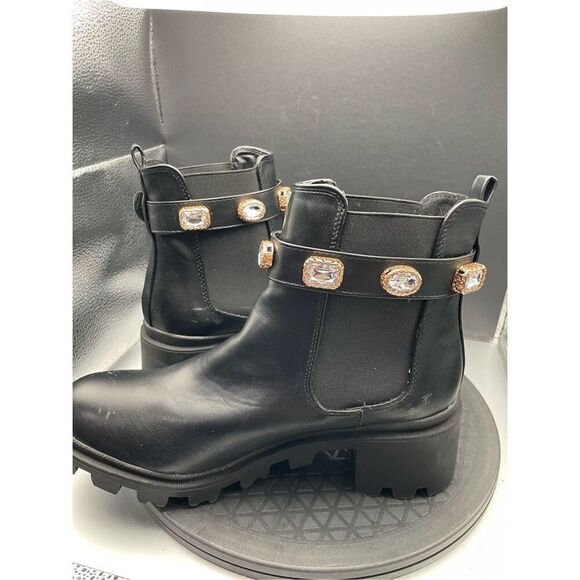 Chelsea Boots Black with Block Heel & Bedazzled Gem Cuff Size 9 Chunky Blingy - Picture 12 of 13